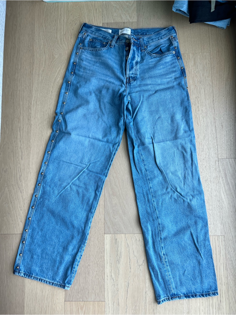 Light Blue Snap-Trim Straight Leg Jeans
